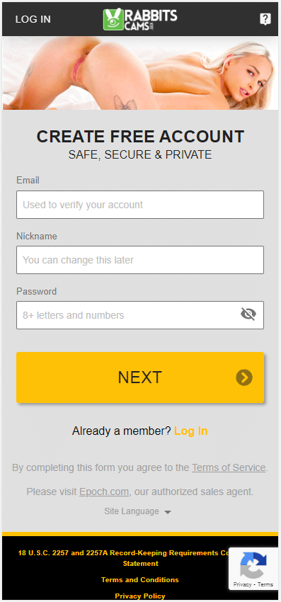 photo of sign up for rabbitscams.sex account